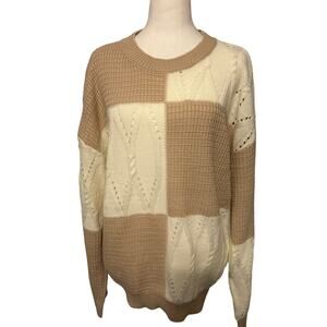 Hem & Thread Boutique‎ Knit Sweater Tan and Cream Size Large Color Block NWT